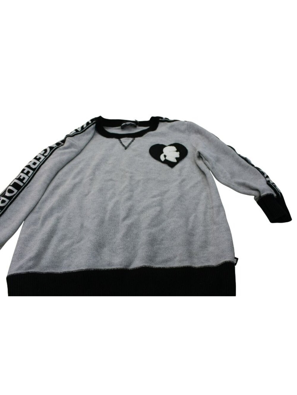 Karl Lagerfeld Paris Womens Sweater Gray & Black S Cotton Blend Logo Sleeve Knit